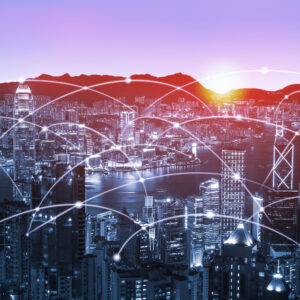 Hong Kong city skyline networking connection concept, modern filter effect