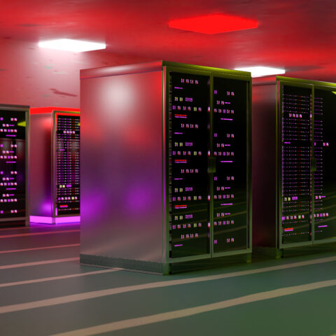 Servers. Servers room data center. Backup, mining, hosting, mainframe, farm and computer rack with storage information. 3d render