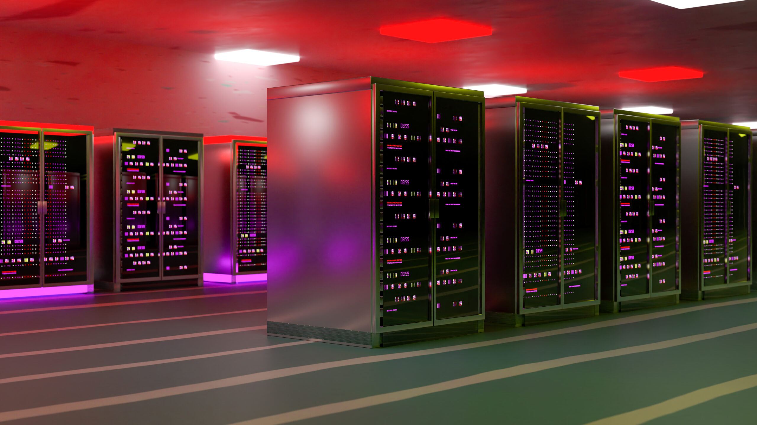 Servers. Servers room data center. Backup, mining, hosting, mainframe, farm and computer rack with storage information. 3d render