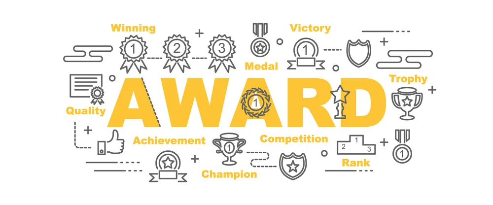 Illustrated icon set of awards, trophies, medals and ribbons