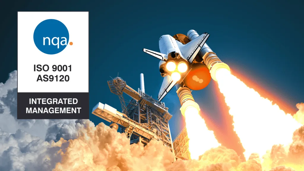 NQA ISO 9001 and AS9120 Integrated Management certification badge beside a rocket launching