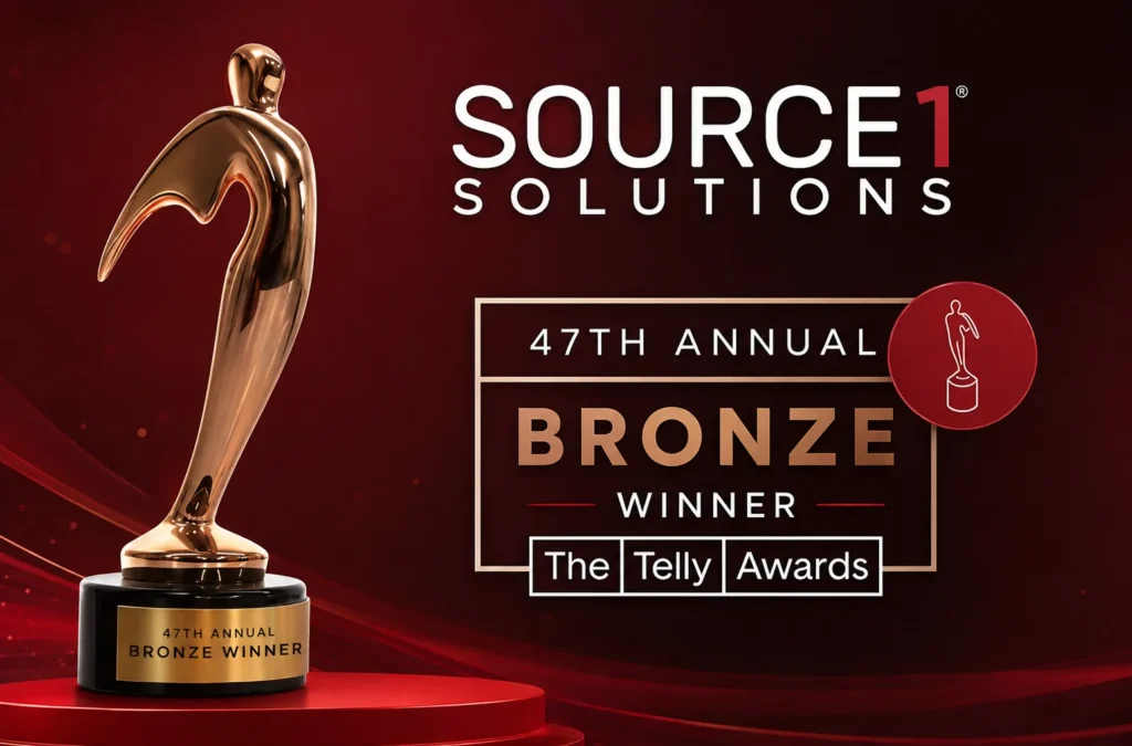 Telly Awards 47th annual bronze winner statuette with the Source 1 Solutions logo