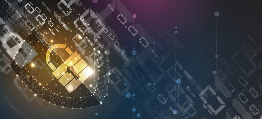 Abstract cybersecurity graphic showing a glowing padlock over a digital network