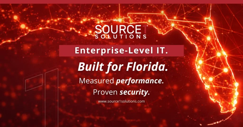 Source 1 Solutions advertisement reading enterprise-level IT built for Florida with an illuminated map of the state