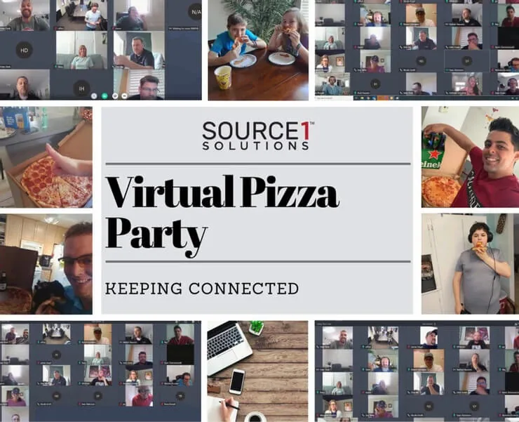 Collage of Source 1 Solutions employees on a video call for a virtual pizza party