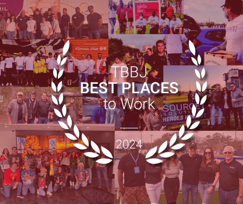 Tampa Bay Business Journal Best Places to Work 2024 laurel over a collage of Source 1 Solutions team photos
