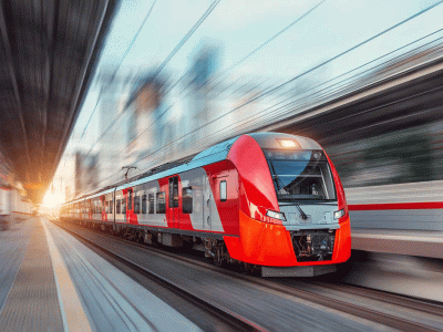 High-speed passenger train arriving at a station platform