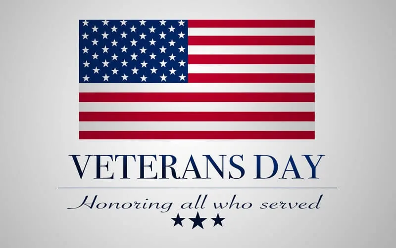 Veterans Day graphic with the American flag and the words honoring all who served