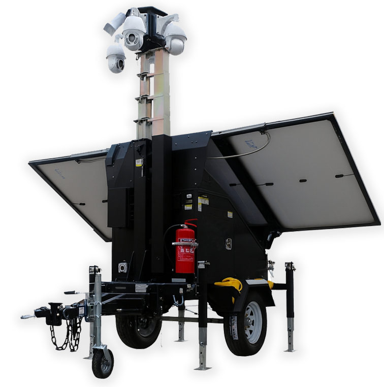 Mobile solar-powered surveillance trailer with mast-mounted security cameras