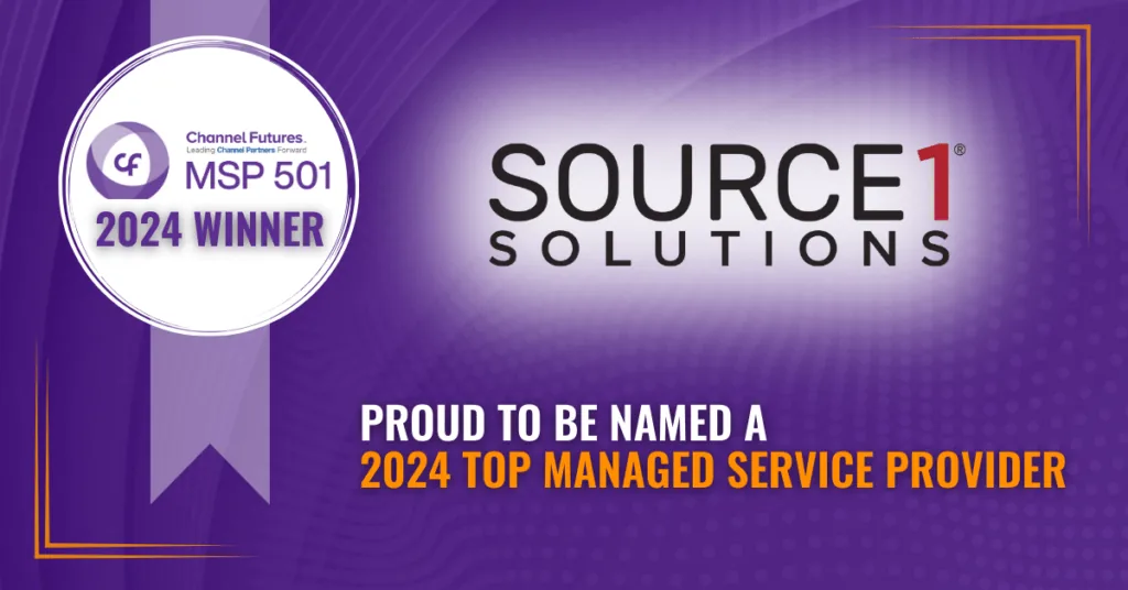 Channel Futures MSP 501 2024 Winner badge naming Source 1 Solutions a top managed service provider