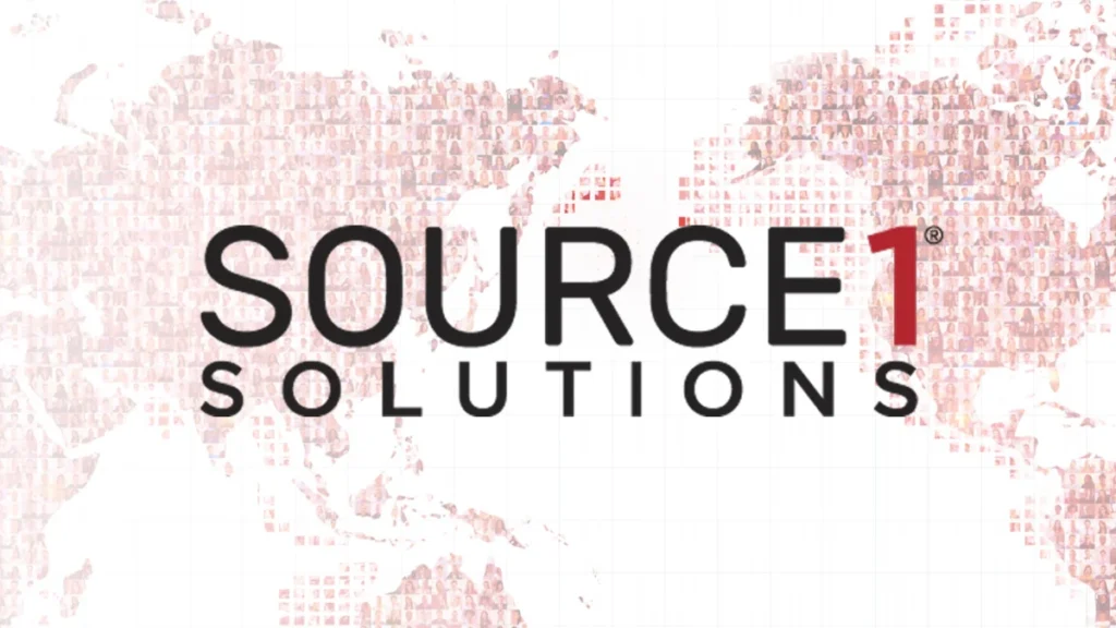 Source 1 Solutions logo over a faint red world map