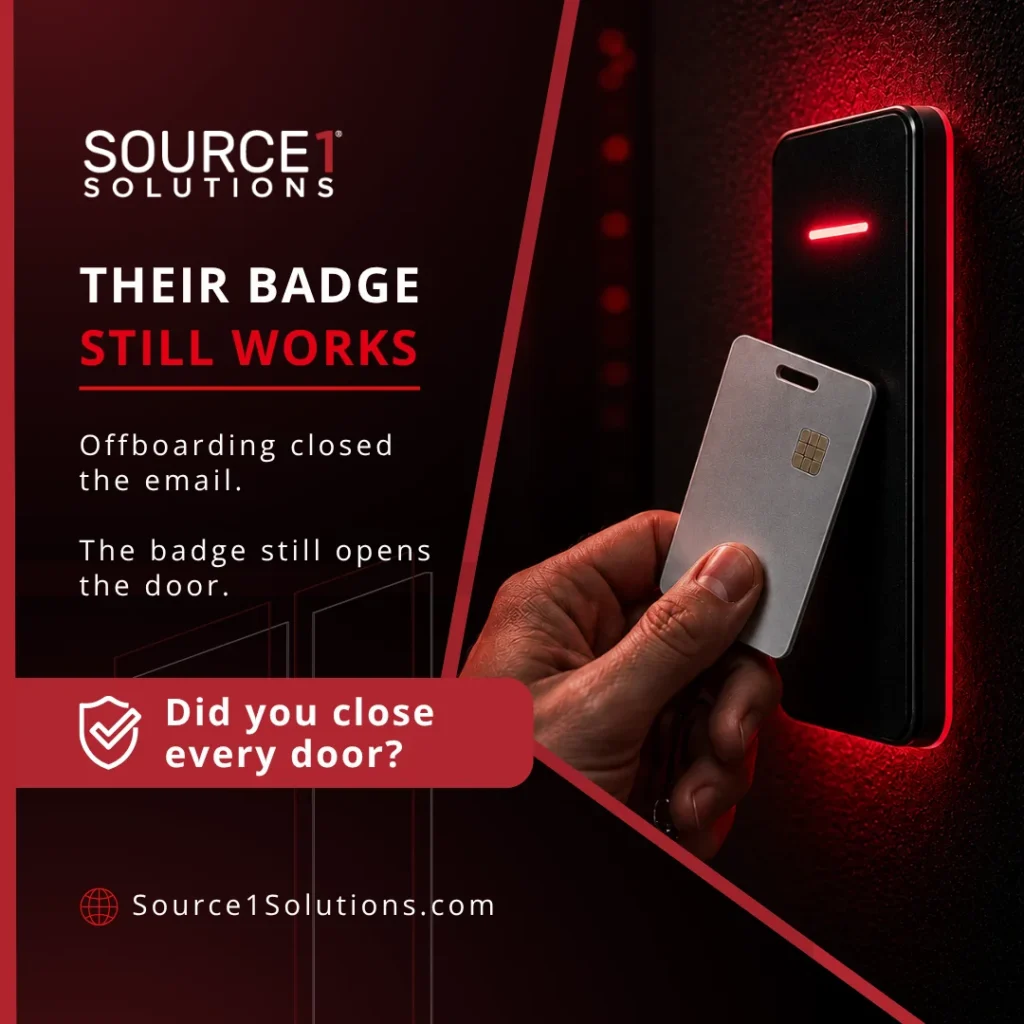 Source 1 Solutions graphic on access control offboarding, with a hand holding a badge to a card reader