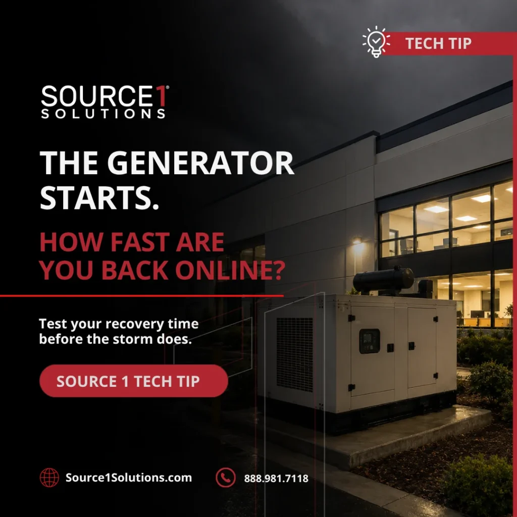 Source 1 Solutions tech tip graphic asking how fast you are back online once the generator starts, with a standby generator outside a building