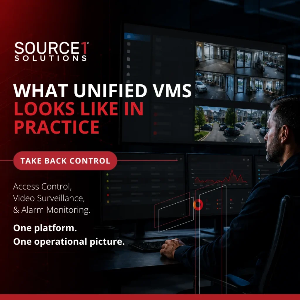 Source 1 Solutions graphic on what unified VMS looks like in practice, with an operator at a video surveillance wall