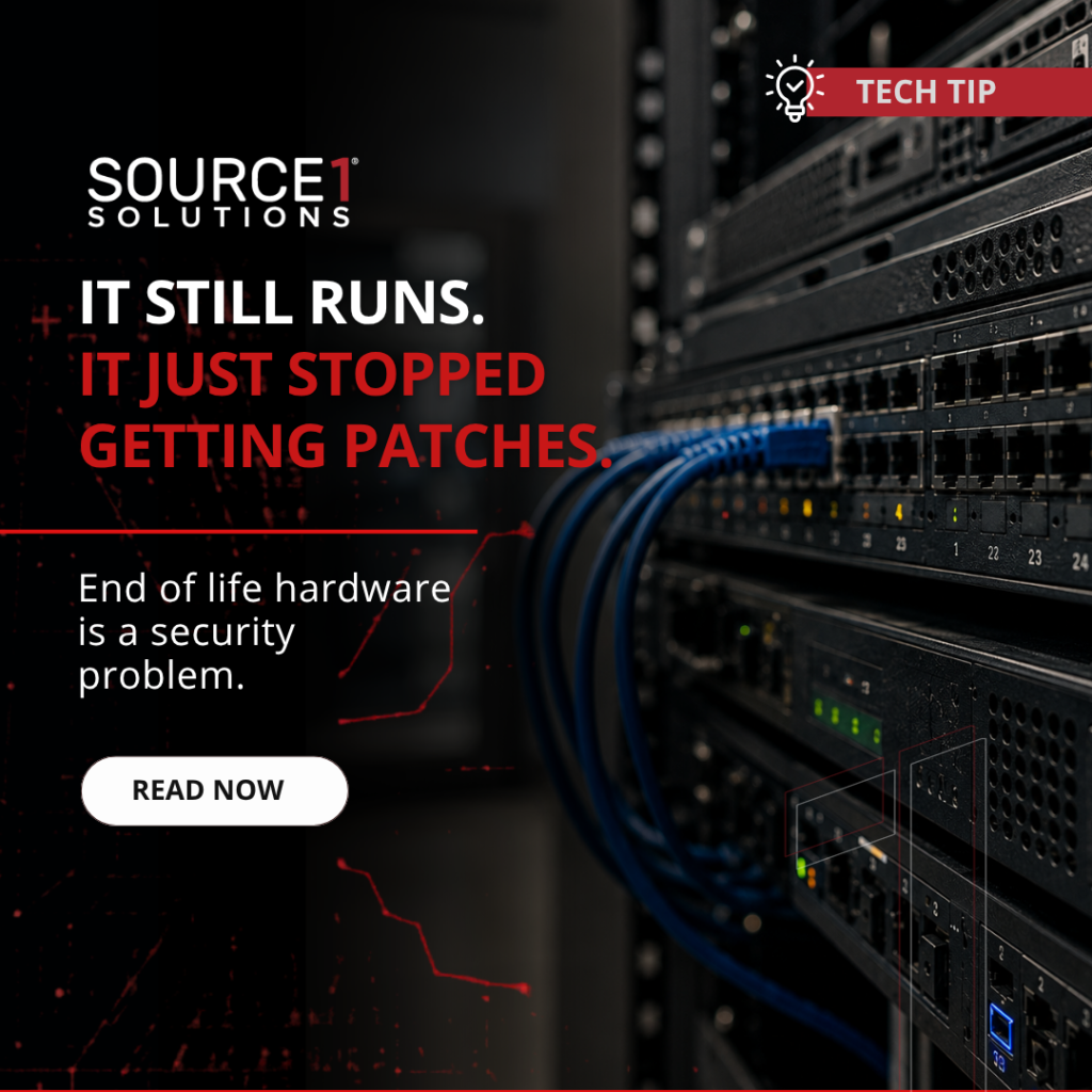 Source 1 Solutions tech tip graphic warning that end of life hardware still runs but no longer receives patches