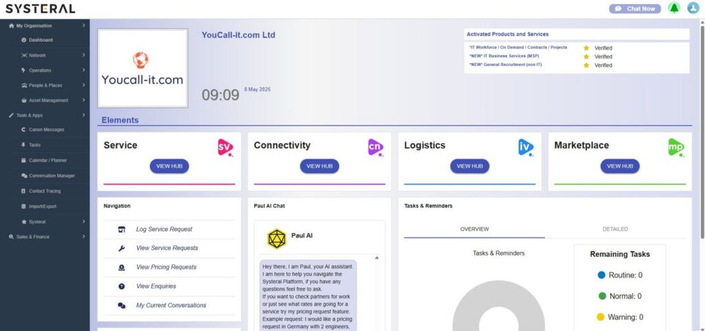 SYSTERAL service management platform dashboard interface