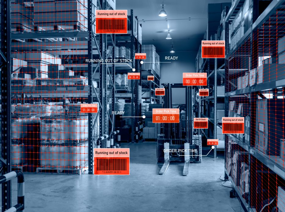 Smart warehouse management system using augmented reality technology to identify package picking and delivery . Future concept of supply chain and logistic business .