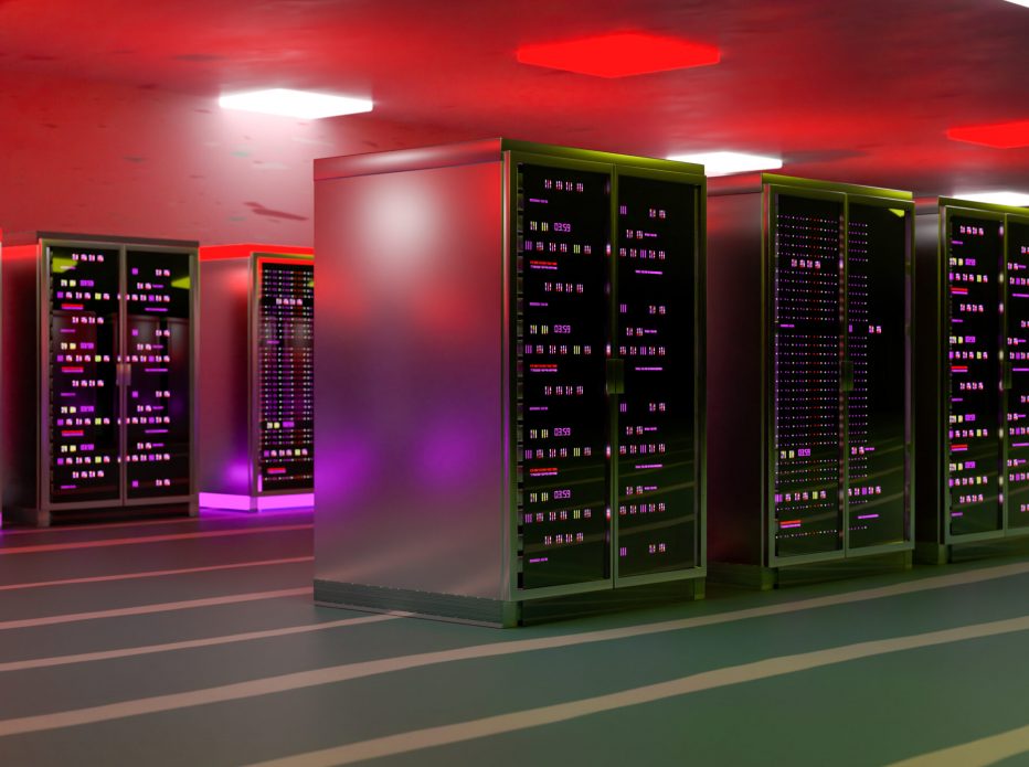 Server. Server racks in server room cloud data center. Datacenter hardware cluster. Backup, hosting, mainframe, mining, farm and computer rack with storage information. 3D rendering. 3D illustration